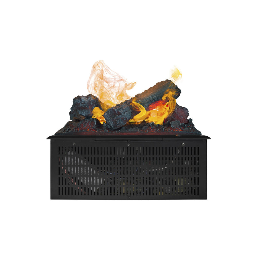Black metal artificial water vapour fireplace with glowing embers on a white background available at Spacio retail stores in Mumbai & Kolkata. 
