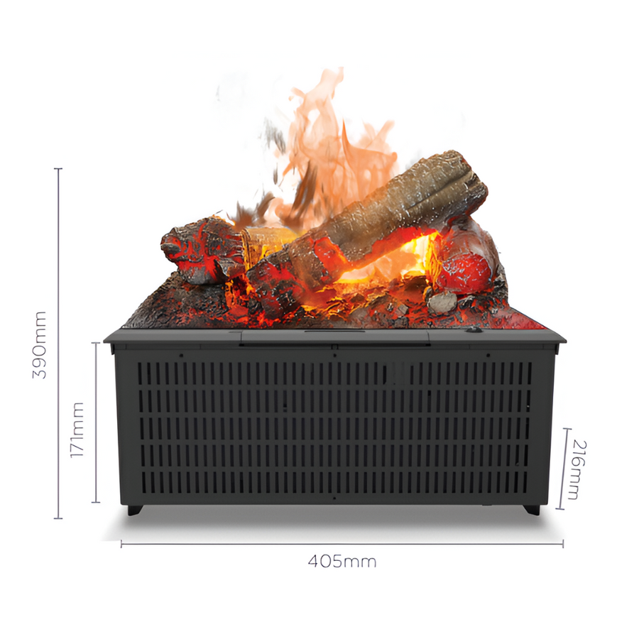 Artificial water vapour fireplace with glowing logs and measurements on a white background