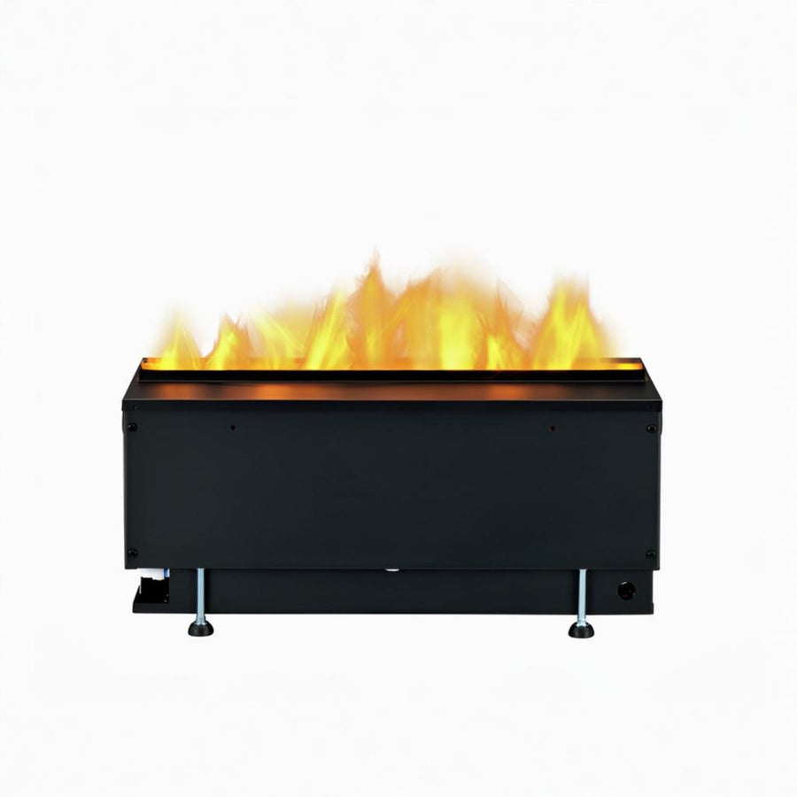 Black artificial water vapour metal bed fireplace with flames on a white background available at Spacio retail stores in Mumbai & Kolkata. 
