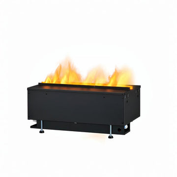 Black finish water vapour artificial fireplace with artificial flames on a white background available at Spacio retail stores in Mumbai & Kolkata. 