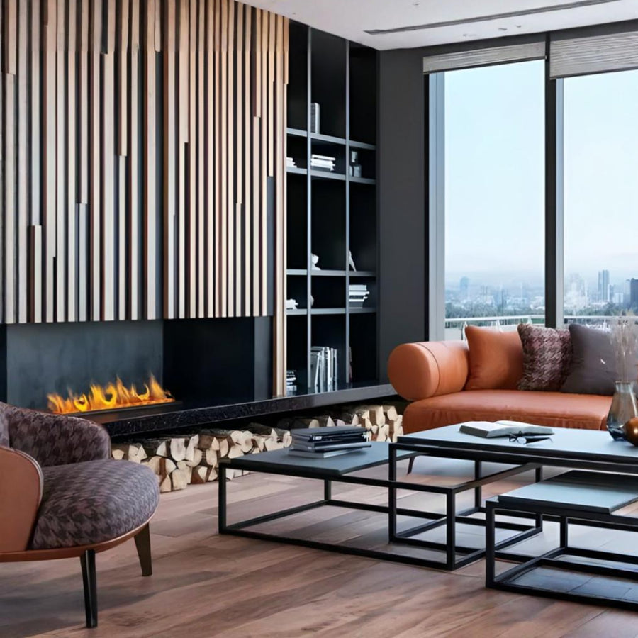 Modern living room with an artificial water vapour fireplace, sofa, and city view