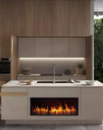 Modern kitchen with a built-in electric water vapour artificial fireplace on the island available at Spacio retail stores in Mumbai & Kolkata. 
