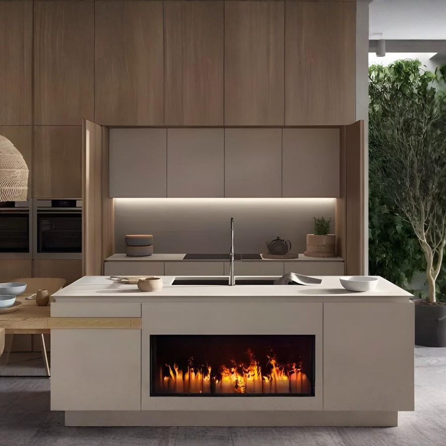 Modern kitchen with a built-in electric water vapour artificial fireplace on the island available at Spacio retail stores in Mumbai & Kolkata. 