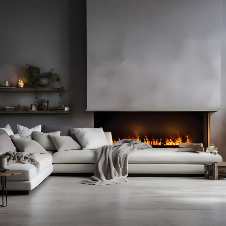 Modern living room with an artificial water vapour fireplace and white sofa