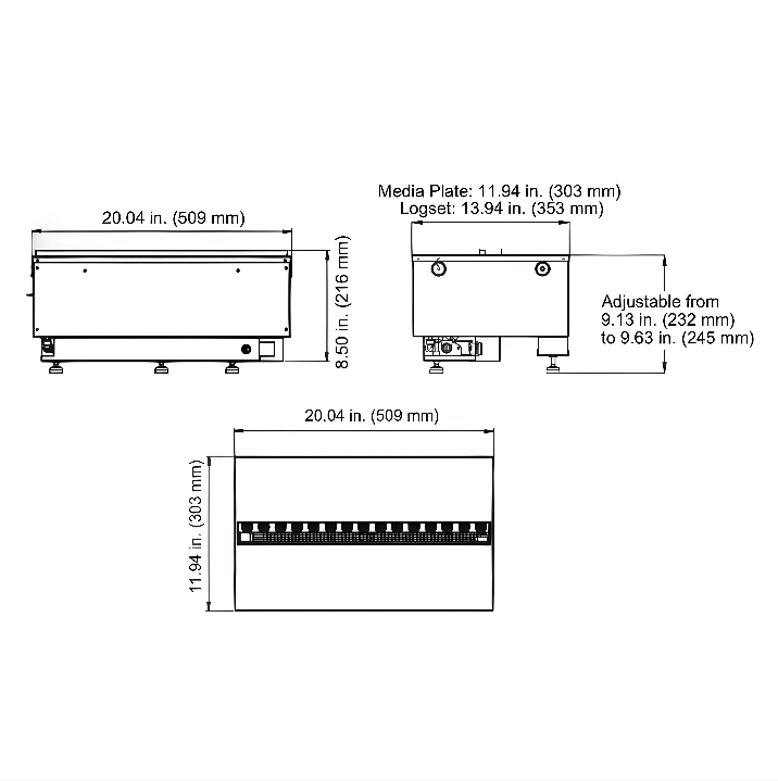 Technical diagram of water vapour artificial fireplace with dimensions labeled