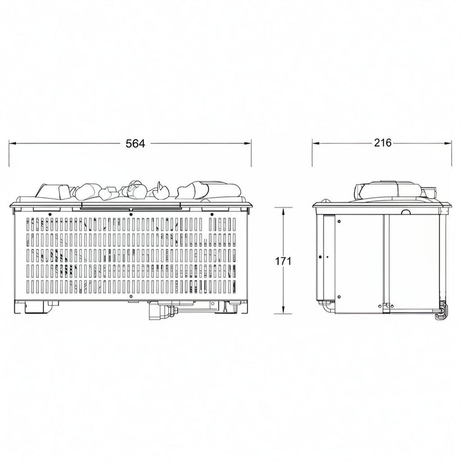 Technical drawing of a artificial water vapour firepalce with dimensions labeled