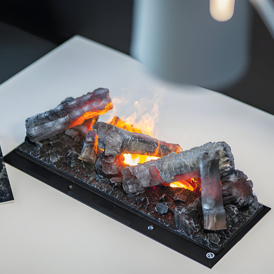 Artificial fireplace log set on a white surface with a blurred background available at Spacio retail stores in Mumbai & Kolkata. 