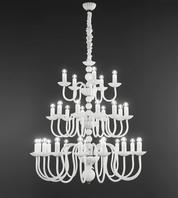 Close-up of Italamp Evoque Chandelier with six-arm structure in glossy white finish, decorative lighting from Italy at Spacio India