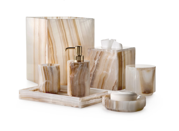 Labrazel Bathroom accessory set with onyx pattern on a white background available at Spacio retail and online stores in India