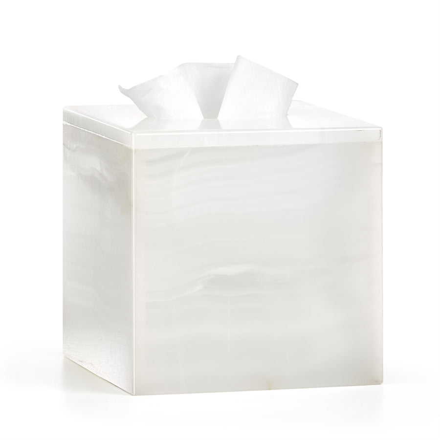 White onyx tissue cover from Labrazel on a white background at Spacio retail store in Mumbai