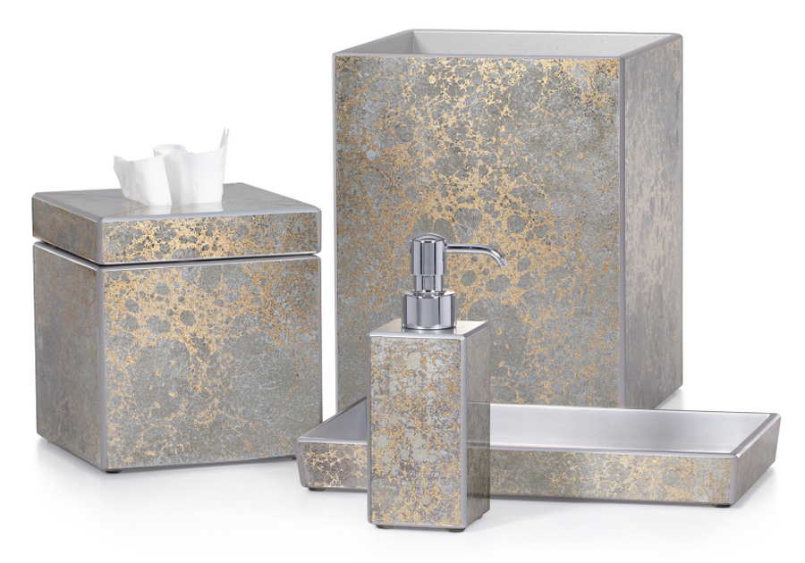 Natasha Bathroom accessory set with textured silver and gold design on a white background from Labrazel at Spacio retail store in Mumbai
