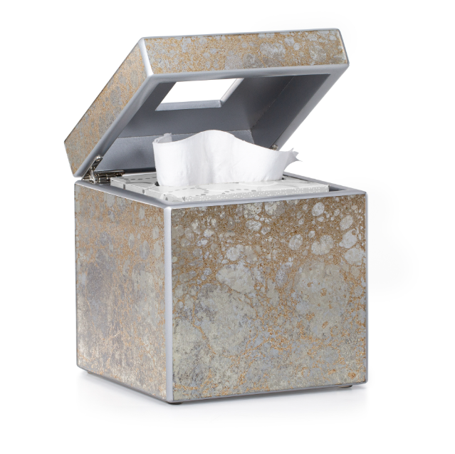 Natasha Glass Tissue Cover with openable lid from Labrazel on a white background at Spacio retail store in Mumbai