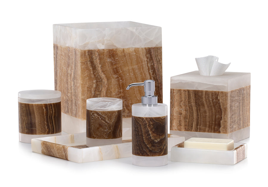 Onix Mocha bathroom accessory set from Labrazel with brown and white marble pattern on a white background at Spacio retail store in Mumbai