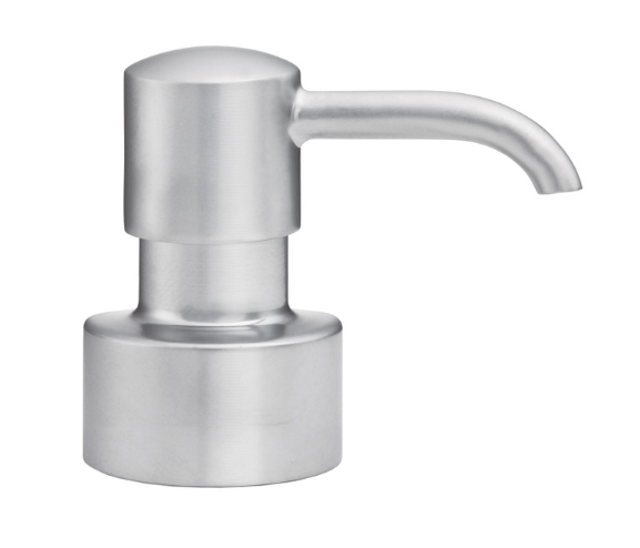 Satin nickel soap dispenser from Labrazel on a white background at Spacio retail store in Mumbai