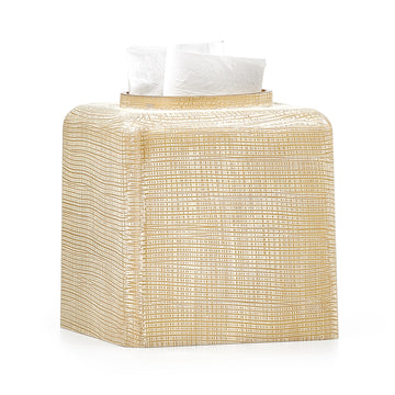 Woven Gold Glass Tissue Cover from Labrazel on a white background at Spacio retail store in Mumbai 