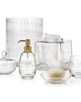 Labrazel Clear glass bathroom accessories with silver & gold accents on a white background in 