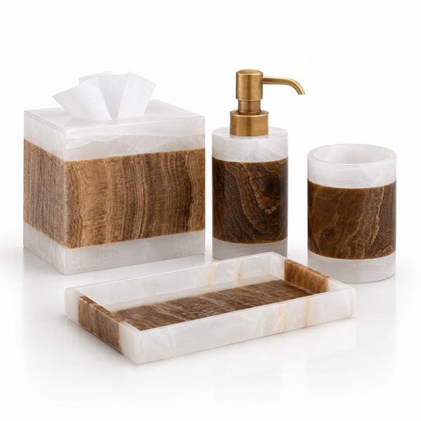 Onix Mocha bathroom accessory set from Labrazel with brown and white marble pattern on a white background at Spacio retail store in Mumbai