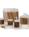 Onix Mocha bathroom accessory set from Labrazel with brown and white marble pattern on a white background at Spacio retail store in Mumbai