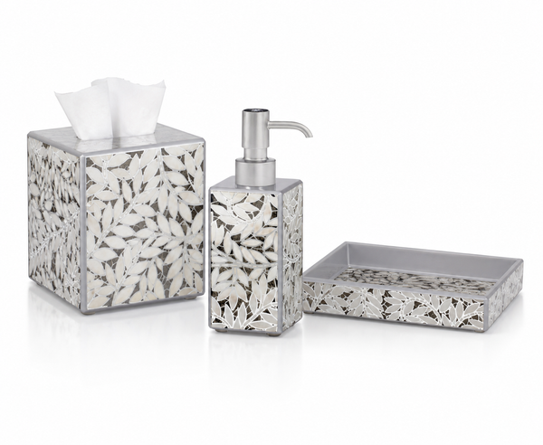 Three-piece bathroom accessory set featuring a tissue box cover, a pump dispenser, and a shallow tray, all decorated with a silver and white leaf pattern on a clear acrylic base.