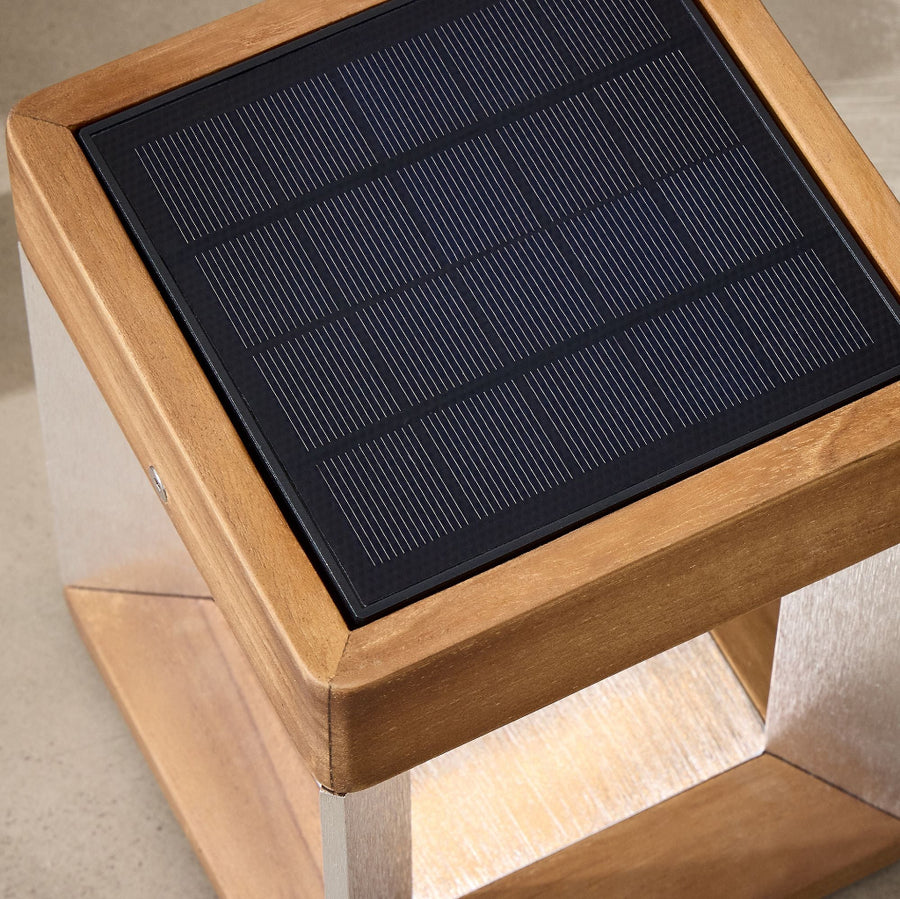 Wooden lantern with a solar panel on top by Les Jardins available at Spacio retail stores in Mumbai & Kolkata.  