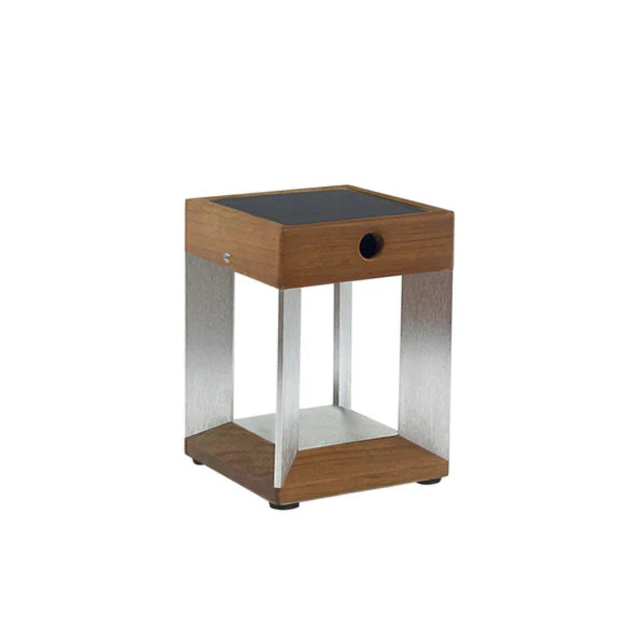 Wooden solar lantern with metal legs on a white background by Les Jardins available at Spacio retail stores in Mumbai & Kolkata.  