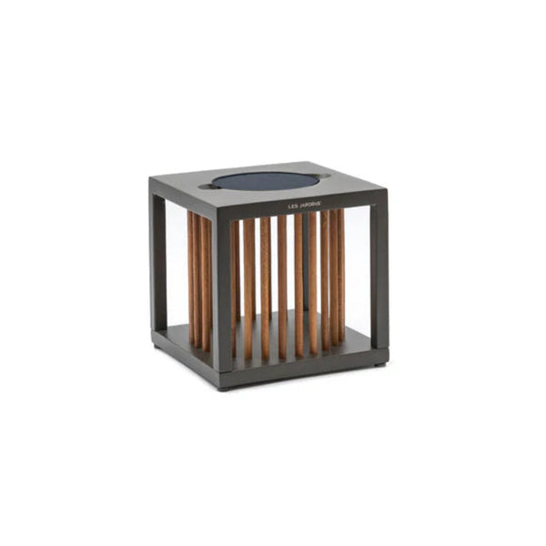 Modern outdoor solar lamp with wooden accents on a white background by Les Jardins available at Spacio retail stores in Mumbai & Kolkata.  