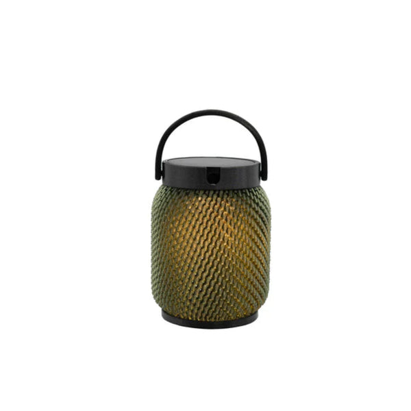 Textured green solar lantern with black handle on a white background by Les Jardins available at Spacio retail stores in Mumbai & Kolkata.  