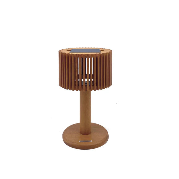 Wooden Indoor outdoor solar lamp with solar panel on a white background