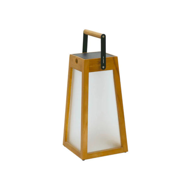 Wooden solar lantern with a white interior on a white background by Les Jardins available at Spacio retail stores in Mumbai & Kolkata.  