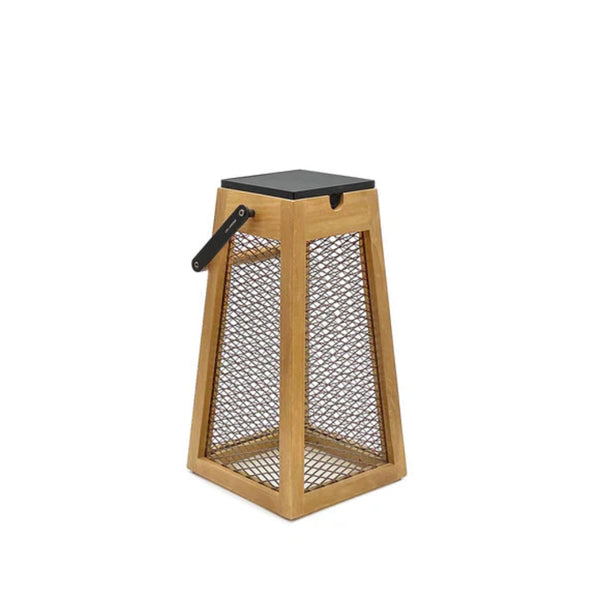 Wooden solar lantern with mesh design and black top on a white background by Les Jardins available at Spacio retail stores in Mumbai & Kolkata.  