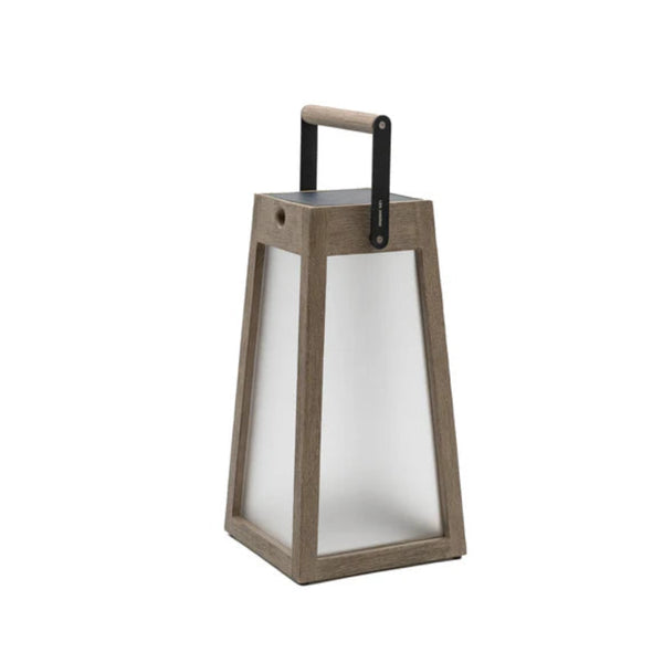 Wooden solar lantern with a handle on a white background by Les Jardins available at Spacio retail stores in Mumbai & Kolkata.  