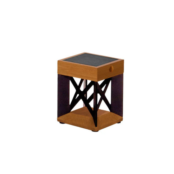 Wooden solar table lamp with a black top on a white background by Les Jardins available at Spacio retail stores in Mumbai & Kolkata.  