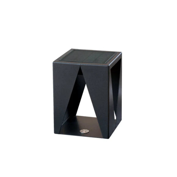 Black geometric design solar lantern on a white background by Les Jardins available at Spacio retail stores in Mumbai & Kolkata.  