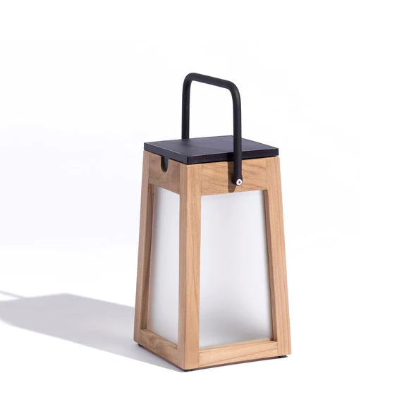 Wooden solar lantern with a black top on a white background by Les Jardins available at Spacio retail stores in Mumbai & Kolkata.  
