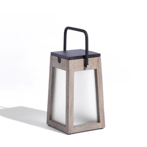 Modern solar lantern with wooden frame and black top on a white background by Les Jardins available at Spacio retail stores in Mumbai & Kolkata.  