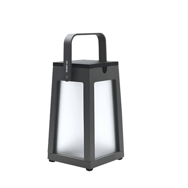 Black lantern with a handle on a white background by Les Jardins available at Spacio retail stores in Mumbai & Kolkata.  