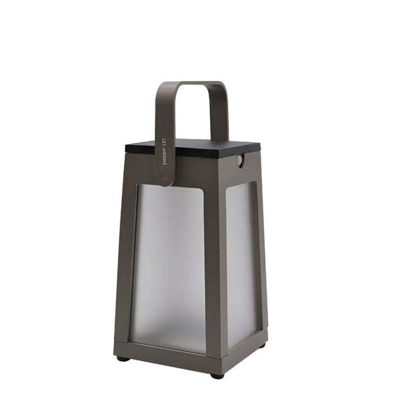 Dark gray outdoor lantern with a handle on a white background by Les Jardins available at Spacio retail stores in Mumbai & Kolkata.  