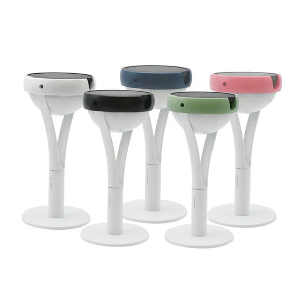 Set of five colorful solar lamps with white bases on a white background by Les Jardins available at Spacio retail stores in Mumbai & Kolkata.  
