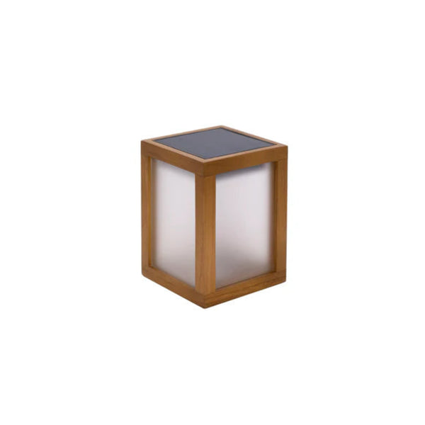 Square wooden solar table lamp with glass panel on a white background by Les Jardins available at Spacio retail stores in Mumbai & Kolkata.  