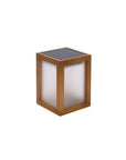 Square wooden solar table lamp with glass panel on a white background by Les Jardins available at Spacio retail stores in Mumbai & Kolkata.  