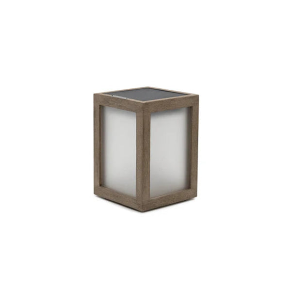 Square outdoor solar table lamp with wooden frame and glass cover on a white background by Les Jardins available at Spacio retail stores in Mumbai & Kolkata.  