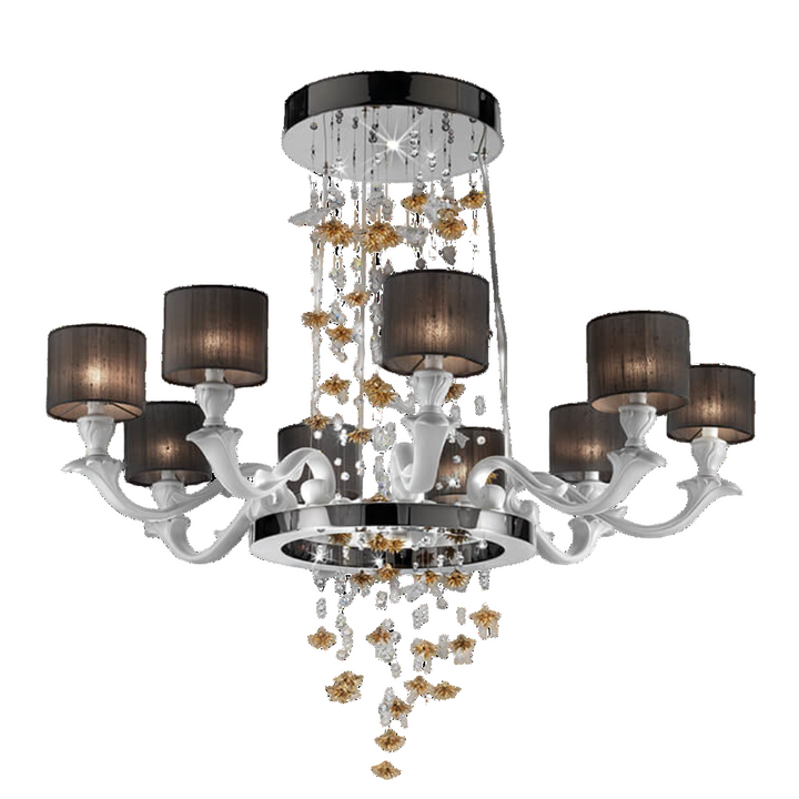 Decorative chandelier with crystal accents and black lampshades on a white background