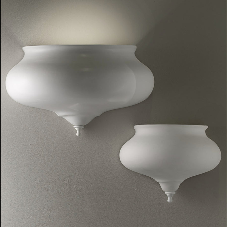 Two white wall sconces on a gray wall