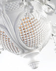 Close-up of a decorative white ceramic light fixture with intricate details