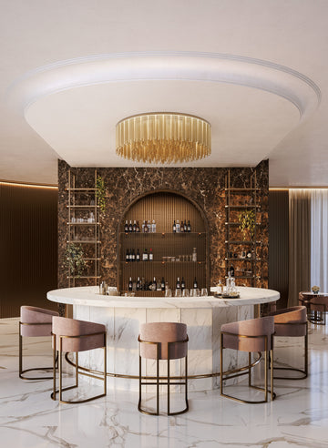 Text: Chic bar space highlighted by the Lustralis ceiling chandelier by Masiero, blending modern design with golden warmth. Available at Spacio in India. 
