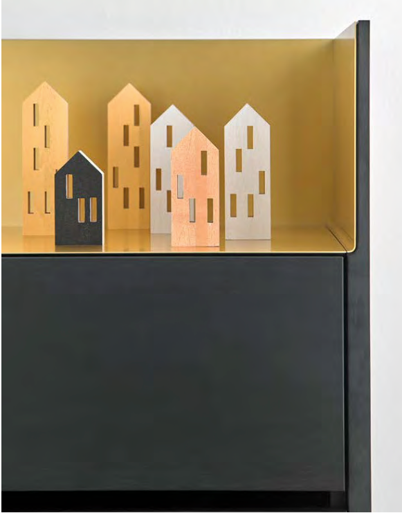 A black ML City Opening Metallic Finish (4pc set) bookcase with beech wood houses on it, by Madlab.