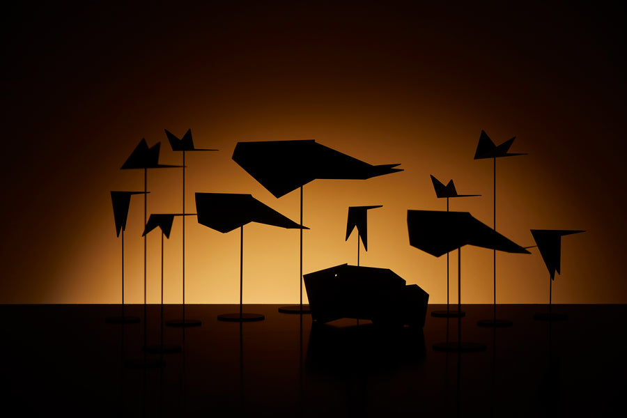 Silhouettes of ML Animal Mood Birds (5pc set) and a car in front of a dark background by Madlab.