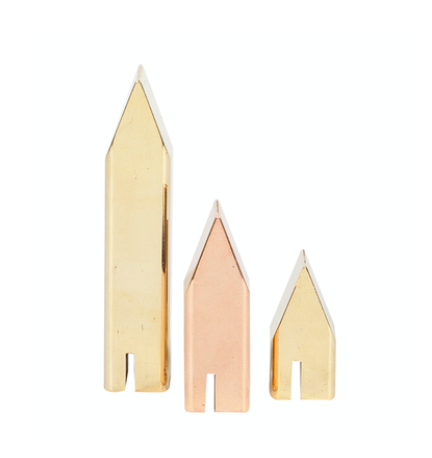 A set of three ML Mini Houses Collection Kit 02 (3pc set) pins in gold and copper. The childhood memories associated with these Madlab objects are priceless.