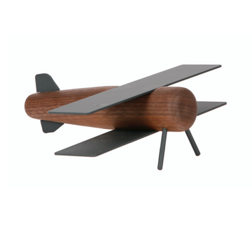 A wooden model of the Madlab ML Motor Mood Plane on a white background.