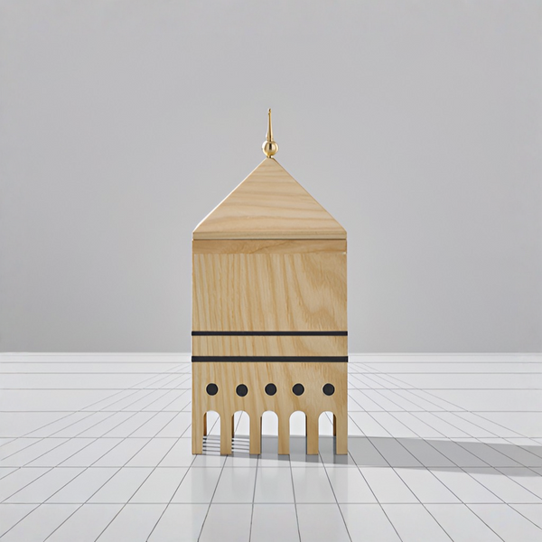 A ML Utopia Collection Square Box by Madlab, handmade out of wood, representing a mosque on a tiled floor.